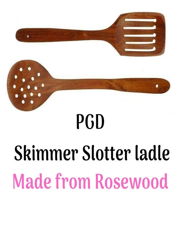 PGD Rosewood Wooden Slotter (13 inch) & Skimmer (15 inch) ladle Spatula flip for Deep Frying & Grilling - Image 4